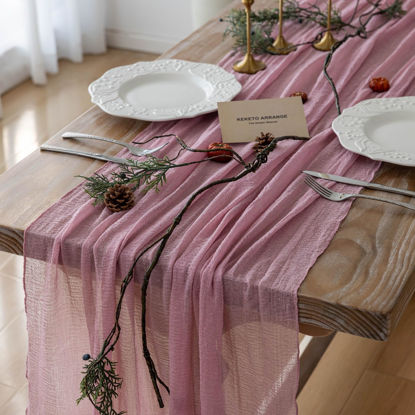 Picture of Keketoarrange Spring Table Runner Dusty Rose Cheesecloth Gauze 120 Inch 10 FT Rustic Boho Cheese Cloth Runner for Wedding Baby Shower Bridal Shower Garden Party Sheer Valentine's Day Home Decorations