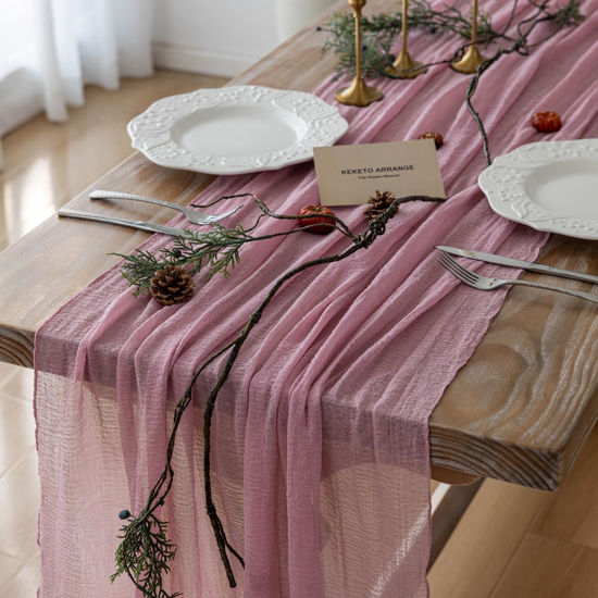 Picture of Keketoarrange Spring Table Runner Dusty Rose Cheesecloth Gauze 120 Inch 10 FT Rustic Boho Cheese Cloth Runner for Wedding Baby Shower Bridal Shower Garden Party Sheer Valentine's Day Home Decorations