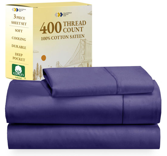 Picture of California Design Den Softest 100% Cotton Sheets, Twin Sheets Set, 400 Thread Count Sateen Bedding for Dorm Rooms & Adults, Deep Pocket Sheets, Cooling Twin Bed Sheets (Dark Purple)