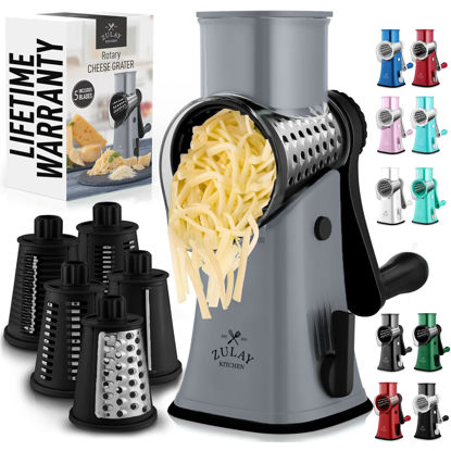 Picture of Zulay Rotary Cheese Grater 5 Blade Cheese Shredder - Manual Hand Crank Cheese Grater With Reinforced Suction & 5 Interchangeable Drums - Easy to Use Vegetable Chopper - Graphite Storm