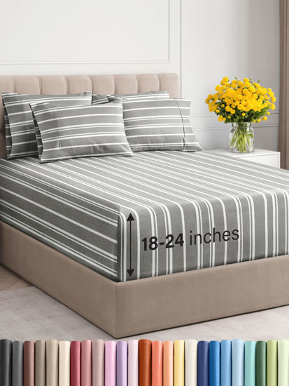 Picture of Extra Deep Queen Sheet Set - 6 Piece Breathable & Cooling Sheets - Hotel Luxury Bedding Set w/18-24 Inch Extra Deep Pockets - Easy & Secure Fit - Soft, Wrinkle Free & Comfy - Grey Stripes, Queen Size