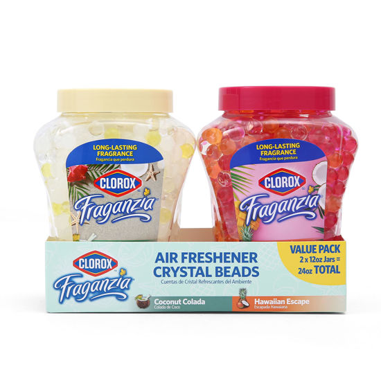 Picture of Clorox Fraganzia Air Freshener Crystal Beads Double Pack, Coconut Colada, Hawaiian Escape 12oz Jars | Vented Jar Air Scent Beads for Homes, Bathrooms, Closets, or Office