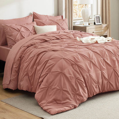 Picture of Bedsure Queen Comforter Set Dusty Pink - Bed in a Bag Queen Size 7 Pieces, Pintuck Bed Set Gift for Family, Pinch Pleat Dusty Pink Comforter with Sheets, Pillowcases & Shams