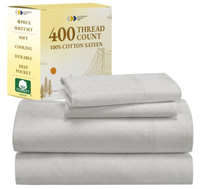 Picture of California Design Den 400 Thread Count Sheets Full Size - 100% Cotton Sateen Deep Pocket Full Size Sheets & Pillowcase Set (Taupish-Sage Crosshatch)