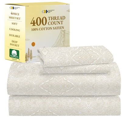 Picture of California Design Den Cal King Sheet Set Paisley - 400 Thread Count, 100% Cotton Sateen, California King Size Sheets Set, Deep Pocket Sheets & Pillowcase Set - Paisley Pattern, Beige