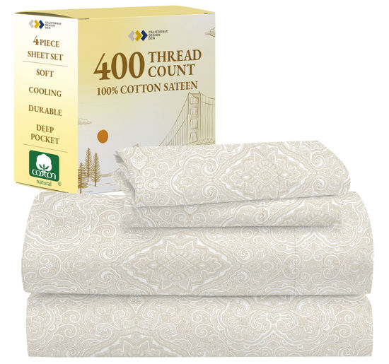 Picture of California Design Den Cal King Sheet Set Paisley - 400 Thread Count, 100% Cotton Sateen, California King Size Sheets Set, Deep Pocket Sheets & Pillowcase Set - Paisley Pattern, Beige