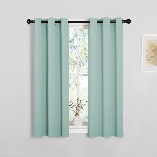 Picture of NICETOWN Thermal Insulated Curtains Blackout Draperies, Window Treatment Solid Grommet Room Darkening Drape Panels for Bedroom (Aqua Blue, Set of 2, 29 by 45 inches Long)