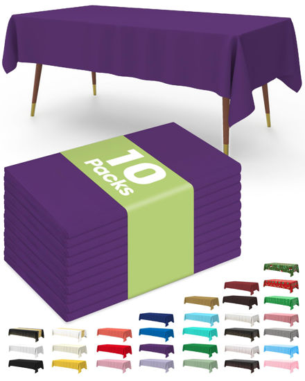 Picture of Pureegg Plastic Table Cloth Disposable 10 Pack, 54 x 108 Inch Table Cloths for Parties, Decorative Tablecloths for Rectangle Tables, Purple Plastic Table Cover, Leakproof & Sturdy, Purple