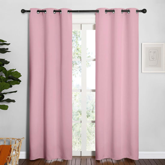 Picture of NICETOWN Window Curtain Panels, Thermal Insulated Solid Grommet Blackout Draperies/Drapes for Basement (Crystal Pink, 1 Pair, 34 by 84-inch)
