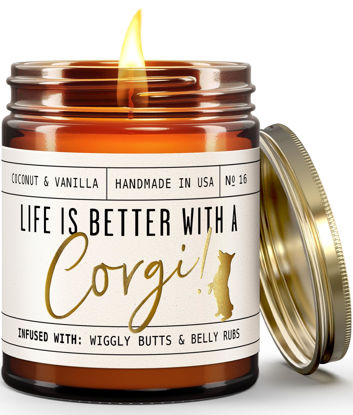 Picture of Corgi Gifts for Corgi Lovers - 'Life is Better with a Corgi' Candle, w/Vanilla, Coconut & Citrus - infused w/Essential Oils I Corgi Decor I Corgi Gifts For Women I 50Hr Burn, USA Made