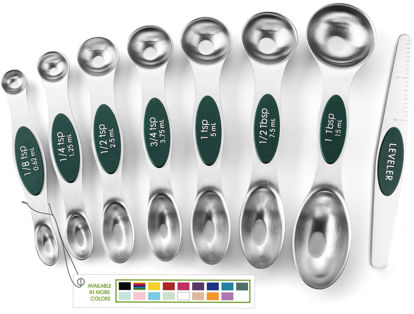 Picture of Spring Chef Stainless Steel Magnetic Measuring Spoons Set of 8 with Leveler, Stackable Magnetic Teaspoon & Tablespoon Set, Metal Kitchen Gadgets for Baking & Cooking, Fits in Spice Jars - Pine Green