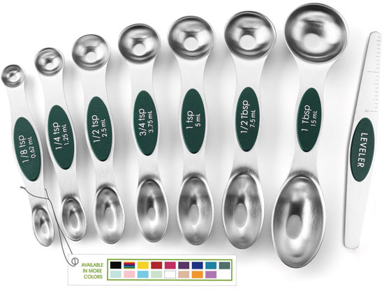 Picture of Spring Chef Stainless Steel Magnetic Measuring Spoons Set of 8 with Leveler, Stackable Magnetic Teaspoon & Tablespoon Set, Metal Kitchen Gadgets for Baking & Cooking, Fits in Spice Jars - Pine Green
