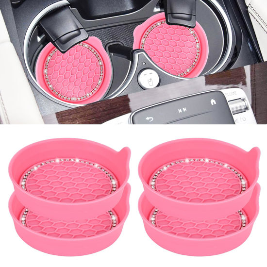 Picture of Amooca Car Cup Coaster Universal Non-Slip Cup Holders Bling Crystal Rhinestone Car Interior Accessories 4 Pack Sakura Pink