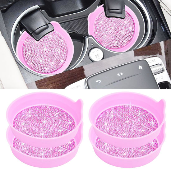 Picture of Amooca Car Cup Coaster Universal Non-Slip Cup Holders Bling Crystal Rhinestone Car Interior Accessories 4 Pack Pink Whole Rhinestone