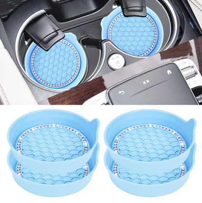 Picture of Amooca Car Cup Coaster Universal Non-Slip Cup Holders Bling Crystal Rhinestone Car Interior Accessories 4 Pack Light Blue