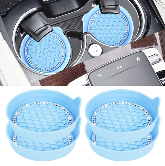 Picture of Amooca Car Cup Coaster Universal Non-Slip Cup Holders Bling Crystal Rhinestone Car Interior Accessories 4 Pack Light Blue