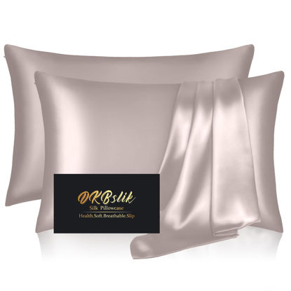 Picture of Silk Pillow Cases 2 Pack, Mulberry Silk Pillowcases Standard Set of 2, Smooth, Anti Acne, Both Sides Natural Silk Satin Pillow Cases for Sleeping Women 2 Pack with Zipper, Taupe