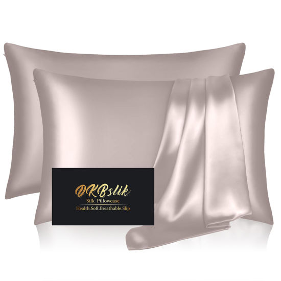 Picture of Silk Pillow Cases 2 Pack, Mulberry Silk Pillowcases Standard Set of 2, Smooth, Anti Acne, Both Sides Natural Silk Satin Pillow Cases for Sleeping Women 2 Pack with Zipper, Taupe