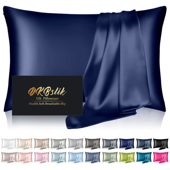 Picture of Silk Pillowcase for Hair and Skin, Mulberry Silk Pillow Cases Queen Size, Anti Acne Cooling Beauty Sleep Both Sides Natural Silk Satin Pillowcases with Hidden Zipper, Gifts for Women Men, Navy Blue