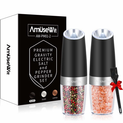 Picture of AmuseWit Gravity Electric Salt and Pepper Grinder Set of 2 [White Light] Battery Operated Automatic Pepper and Salt Mills with Light,Adjustable Coarseness,One Handed Operation,Black