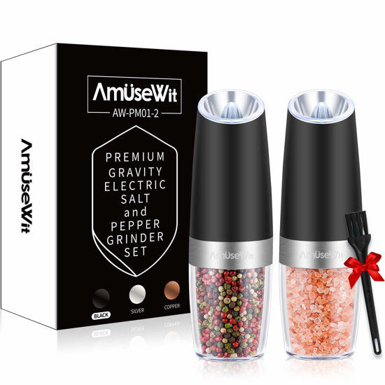 Picture of AmuseWit Gravity Electric Salt and Pepper Grinder Set of 2 [White Light] Battery Operated Automatic Pepper and Salt Mills with Light,Adjustable Coarseness,One Handed Operation,Black