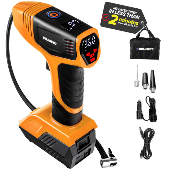 Picture of Bullseye Pro Tire Inflator Portable Air Compressor, Car Tire Inflator Portable, Portable Air Pump for Car Tires - 150PSI, 12V DC 1500 mAhs with Tire Pressure Gauge, Rechargeable As Seen On TV(Orange)