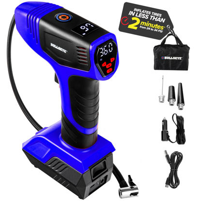 Picture of Bullseye Pro Tire Inflator Portable Air Compressor, Car Tire Inflator Portable, Portable Air Pump for Car Tires - 150PSI, 12V DC 1500 mAhs with Tire Pressure Gauge, Rechargeable As Seen On TV(Blue)
