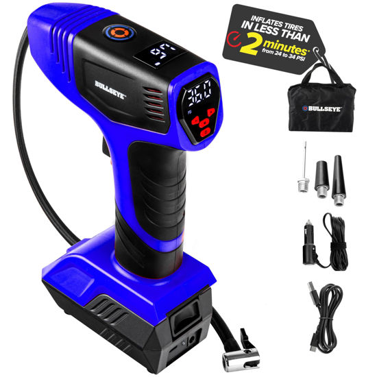 Picture of Bullseye Pro Tire Inflator Portable Air Compressor, Car Tire Inflator Portable, Portable Air Pump for Car Tires - 150PSI, 12V DC 1500 mAhs with Tire Pressure Gauge, Rechargeable As Seen On TV(Blue)