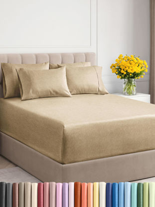 Picture of Extra Deep King Sheet Set - 6 Piece Breathable and Cooling Sheets - Hotel Luxury Bed Sheets Set - Easy Fit - Soft, Wrinkle Free and Comfy Sheets Set - Heathered Tan Sheet Set with Extra Deep Pockets