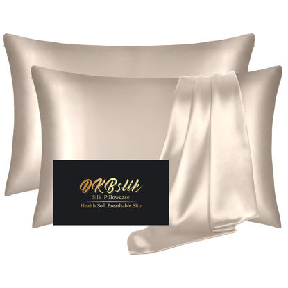 Picture of Silk Pillowcase 2 Pack, Natural Mulberry Silk Pillow Case, Anti Acne Silk Pillowcase for Hair and Skin, King Size Silk Satin Pillowcase Set of 2 with Hidden Zipper, Gifts for Women Men, Champagne