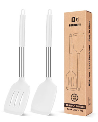 Picture of Pack of 2 Silicone Solid Turner, Non Stick Slotted Kitchen Spatulas, High Heat Resistant BPA Free Cooking Utensils, Ideal Cookware for Fish, Eggs, Pancakes(White)