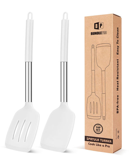 Picture of Pack of 2 Silicone Solid Turner, Non Stick Slotted Kitchen Spatulas, High Heat Resistant BPA Free Cooking Utensils, Ideal Cookware for Fish, Eggs, Pancakes(White)