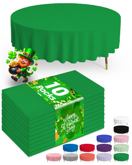 Picture of Pureegg Plastic Table Cloth Disposable - 10 Pack, Disposable Table Cloths for St Patricks Day Decorations, Shamrock Green Tablecloths, Round 84'' Green Plastic Tablecloth, Leakproof & Sturdy, Green