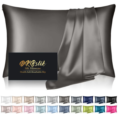 Picture of Silk Pillowcase for Hair and Skin, Mulberry Silk Pillow Cases King Size, Anti Acne Cooling Sleep Both Sides Natural Silk Satin Pillow Case Covers with Hidden Zipper, Gifts for Women Men, Dark Gray