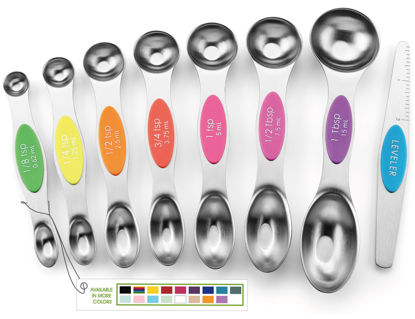 Picture of Spring Chef Stainless Steel Magnetic Measuring Spoons Set of 8 with Leveler, Nesting Metal Teaspoon & Tablespoon Measuring Spoons, Kitchen Gadgets for Baking & Cooking, Fits in Most Spice Jars - Neon