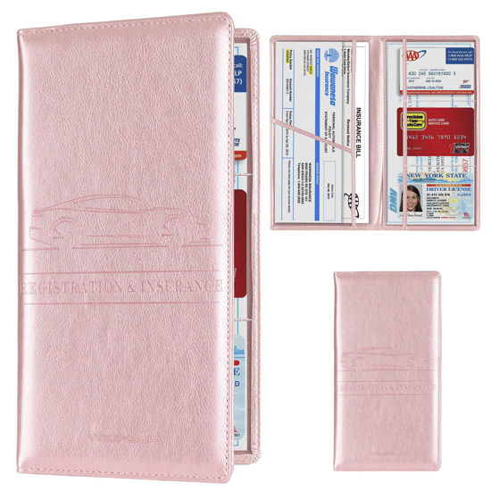 Picture of TOURSUIT Car Registration and Insurance Card Holder, Vehicle License Document Glove Box Compartment Organizer, Interior Car Accessories for Women Men Teens (Rose Gold)