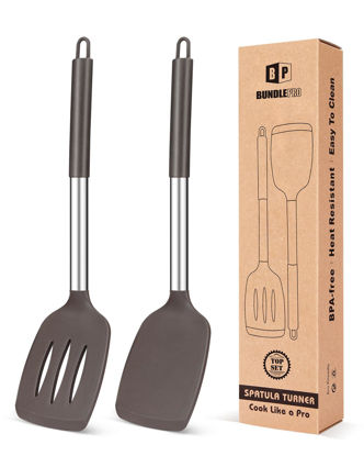 Picture of Pack of 2 Silicone Solid Turner, Non Stick Slotted Kitchen Spatulas, High Heat Resistant BPA Free Cooking Utensils, Ideal Cookware for Fish, Eggs, Pancakes(Chocolate)