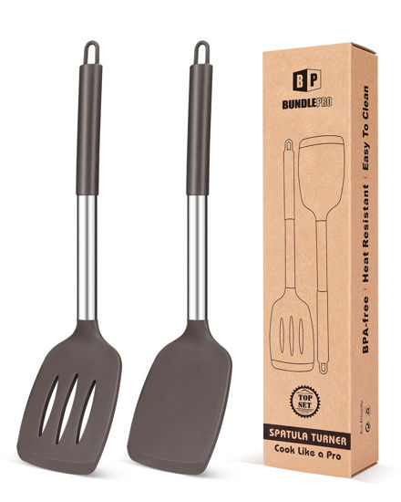 Picture of Pack of 2 Silicone Solid Turner, Non Stick Slotted Kitchen Spatulas, High Heat Resistant BPA Free Cooking Utensils, Ideal Cookware for Fish, Eggs, Pancakes(Chocolate)