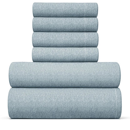 Picture of King 6 Piece Sheet Set - Breathable & Cooling Sheets - Hotel Luxury Bed Sheets - 1 Flat Sheet, 1 Fitted Sheet & 4 Pillowcases - Deep Pocket - Easy Fit, Soft & Wrinkle Free - King Heathered Blue Sheets