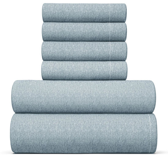 Picture of King 6 Piece Sheet Set - Breathable & Cooling Sheets - Hotel Luxury Bed Sheets - 1 Flat Sheet, 1 Fitted Sheet & 4 Pillowcases - Deep Pocket - Easy Fit, Soft & Wrinkle Free - King Heathered Blue Sheets
