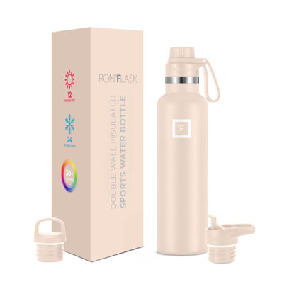 Picture of IRON °FLASK Sports Water Bottle - 3 Lids (Narrow Spout Lid) Leak Proof Vacuum Insulated Stainless Steel - Hot & Cold Double Walled Insulated Thermos, Durable Metal Canteen - Sand, 24 Oz