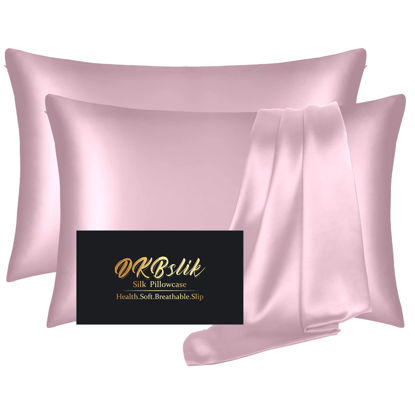 Picture of Silk Pillow Cases 2 Pack, Mulberry Silk Pillowcases Standard Set of 2, Smooth, Anti Acne, Beauty Sleep, Both Sides Natural Silk Satin Pillow Cases for Women 2 Pack with Zipper for Gift, Light Pink