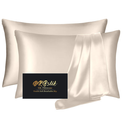 Picture of Silk Pillowcase 2 Pack, Mulberry Silk Pillow Cases Queen Size Set of 2, Anti Acne Silk Pillowcase for Hair and Skin, Natural Silk Satin Pillowcases Gifts for Women Men 2 Pack with Zipper, Beige