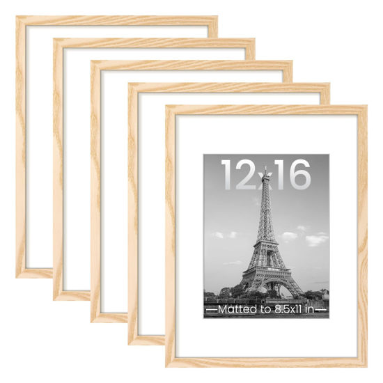 Picture of upsimples 12x16 Picture Frame Set of 5, Display Pictures 8.5x11 with Mat or 12 x 16 Without, Wall Gallery Poster Frames, Natural