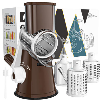 Picture of Cambom Rotary Cheese Grater Hand Crank Cheese Shredder for Fresh Cheese, Vegetable, Nuts,Non-slip Suction Base, Free Cleaning Brush Three Blades, Coffe Color