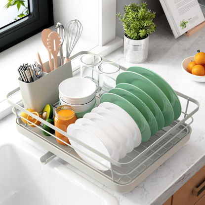 Picture of Kitsure Dish Drying Rack- Space-Saving Dish Rack, Dish Racks for Kitchen Counter, Stainless Steel Kitchen Drying Rack with a Cutlery Holder, 12''W x 15''L, Light Grey