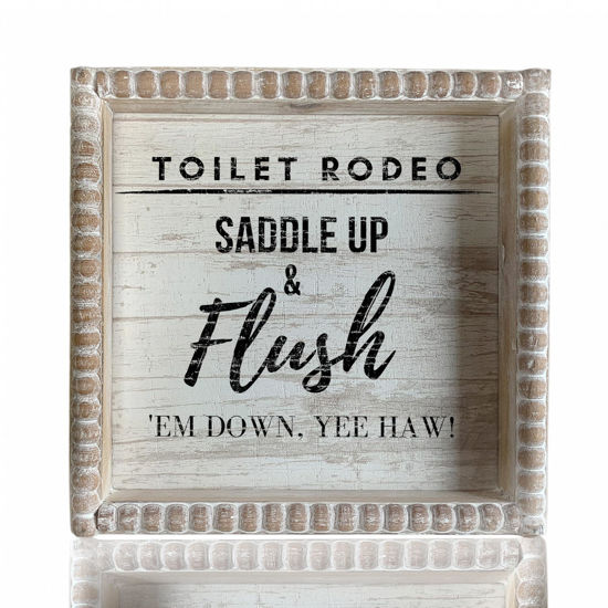 Picture of Boho Farmhouse Wooden Framed Bathroom Decor Signs, Funny Restroom Decorative Plaque Small Cute, Toilet Rules Shelf Decoration (Toilet Rodeo)