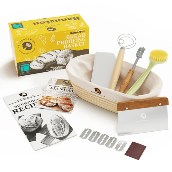 Picture of Superbaking Banneton Bread Proofing Basket Gift Set for Bakers, Oval 10" Sourdough Proofing Basket for Bread Making Tools Supplies, Banneton Basket Sourdough Bread Baking Supplies, Artisan Bread Kit