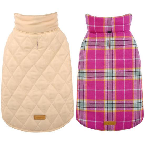 Picture of Kuoser Warm Dog Coat, Reversible Dog Jacket Waterproof Dog Winter Coat British Style Plaid Dog Clothes Pet Dog Cold Weather Coats Cozy Snow Jacket Vest for Small Medium Large Dogs Christmas Rose XXL
