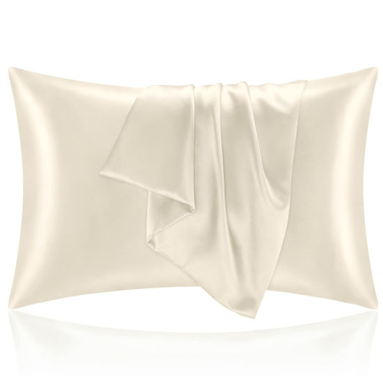 Picture of BEDELITE Satin Pillowcase for Hair and Skin, Super Soft and Cooling Similar to Silk Pillow Cases 2 Pack with Envelope Closure, Gift for Women Men(20"x26" Standard Size, Beige)